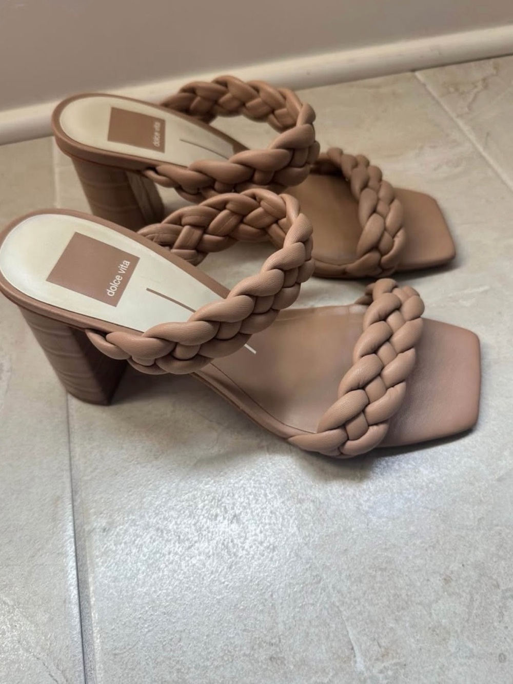 Dolce Vita Braided Strap Block Heel Sandals in Taupe